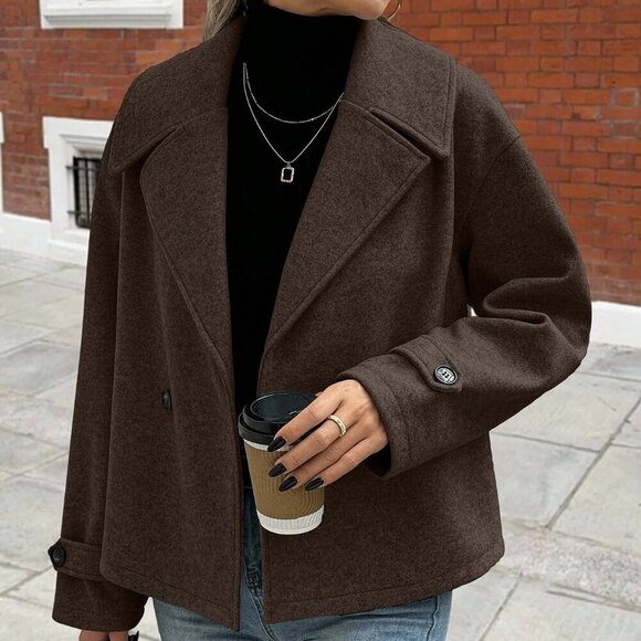 Coffee Brown Casual Women's Large Lapel Decorated Button Long Sleeve Coat - Picture 4 of 7